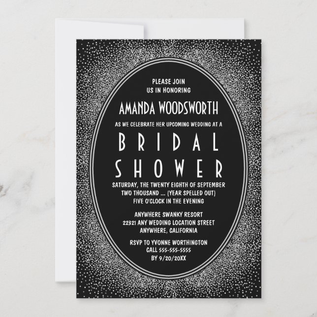 Invitations de douche nuptiale Art déco noir & arg (Devant)