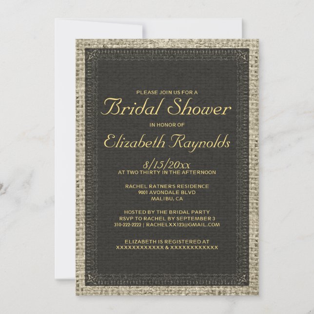 Invitations de douche nuptiale Black & Gold Burlap (Devant)