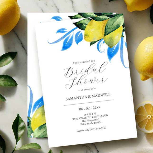 Invitations de douche nuptiale bleu et jaune (Bridal shower invitations watercolor lemons by Victoria Grigaliunas of Do Tell A Belle)