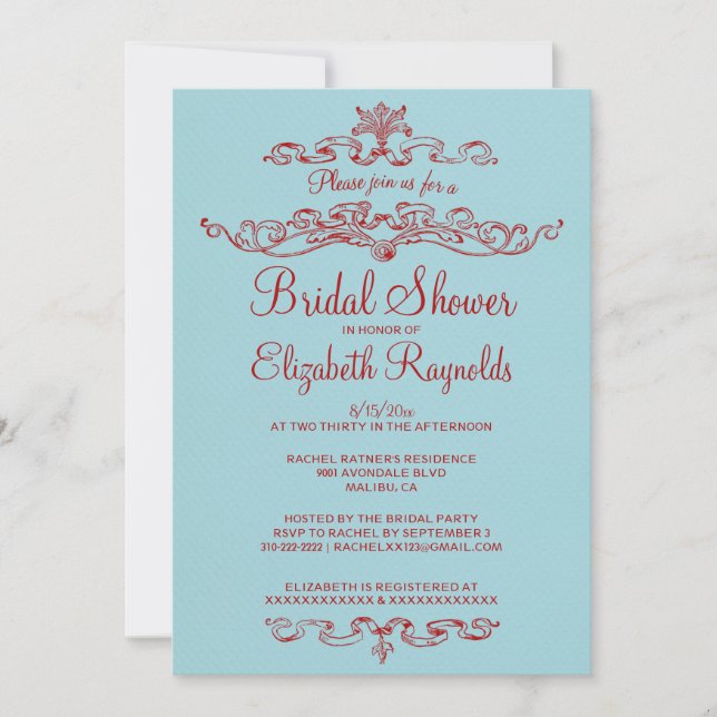 Invitations de douche nuptiale bleu et rouge de lu (Devant)
