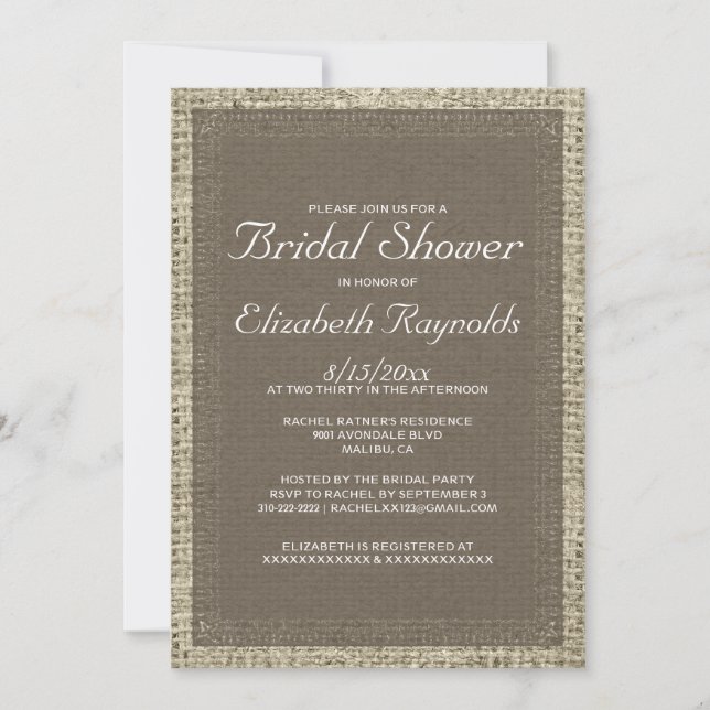 Invitations de douche nuptiale Burlap Brown (Devant)