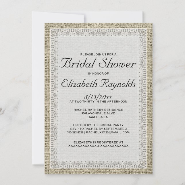 Invitations de douche nuptiale Burlap noir et blan (Devant)