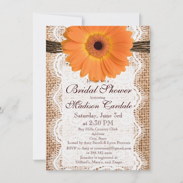Invitations de douche nuptiale Burlap Orange Daisy (Devant)
