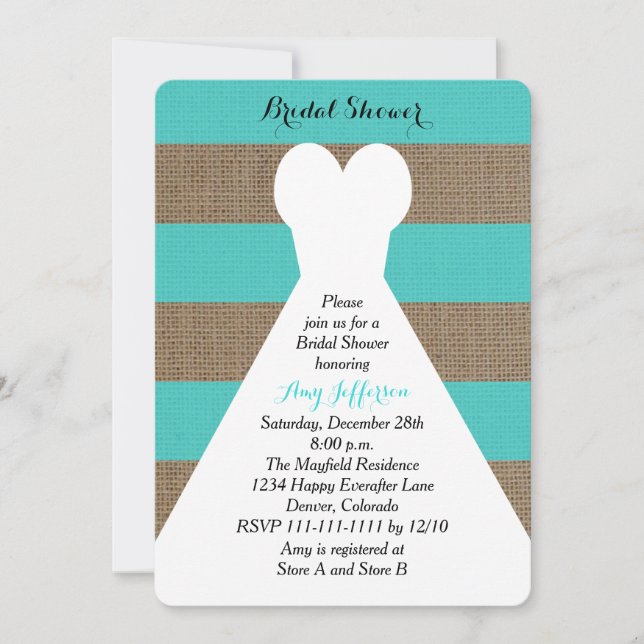 Invitations de douche nuptiale Burlap - Turquoise (Devant)