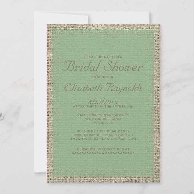 Invitations de douche nuptiale Burlap vert (Devant)