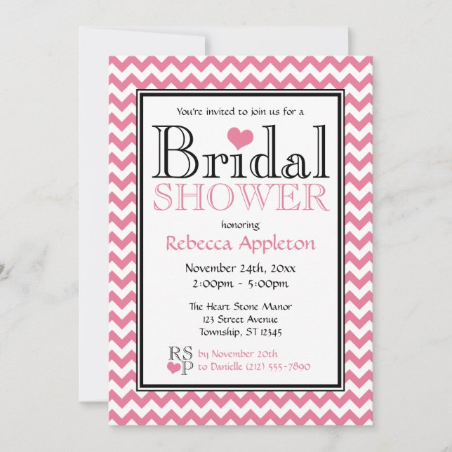 Invitations de douche nuptiale Chevron rose et bla (Devant)