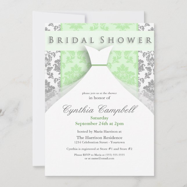 Invitations de douche nuptiale Damas vert/argent (Devant)