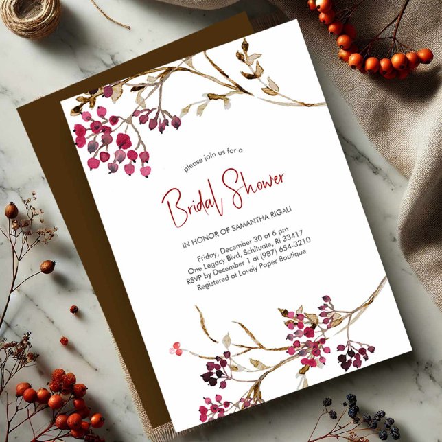 Invitations de douche nuptiale d'automne Brown | B (Rustic bridal shower invitations watercolor berries)
