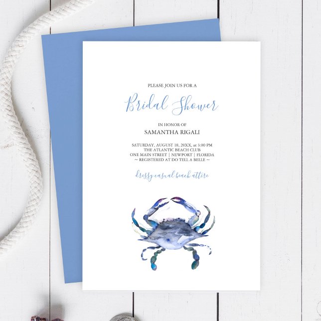Invitations de douche nuptiale de crabe de plage (Bridal shower invitations watercolor blue crab art by Victoria Grigaliunas )