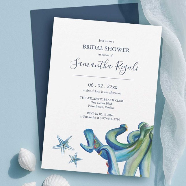 Invitations de douche nuptiale de plage | Créature (beach bridal shower invitations is shades of blue, watercolor ocean creatures by dotellabelle )
