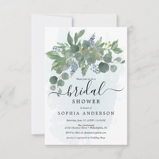 Invitations de douche nuptiale Dusty Blue Eucalypt (Devant)