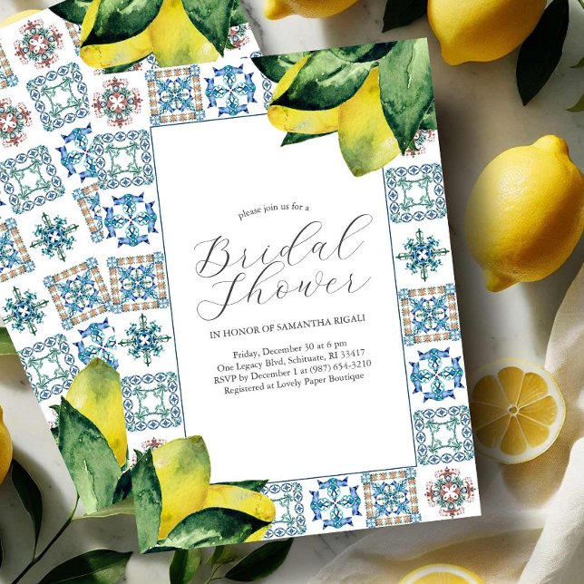 Invitations de douche nuptiale Elégante Carrelage  (Amalfi coast bridal shower theme invitations with blue & yellow watercolor Victoria Grigaliunas)