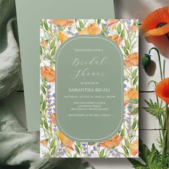Invitations de douche nuptiale Fleur sauvage Sage  (Sage green and watercolor flowers bridal shower invitations art by Victoria Grigaliunas DoTellABelle)