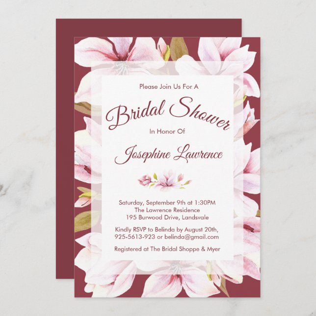 Invitations de douche nuptiale florale Magnolia Bu (Devant / Derrière)