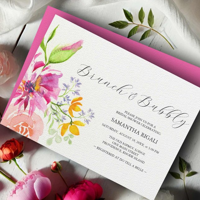Invitations de douche nuptiale florale Vibrant ros (Bridal shower invitations brunch and bubbly flowers watercolor art by Victoria Grigaliunas)