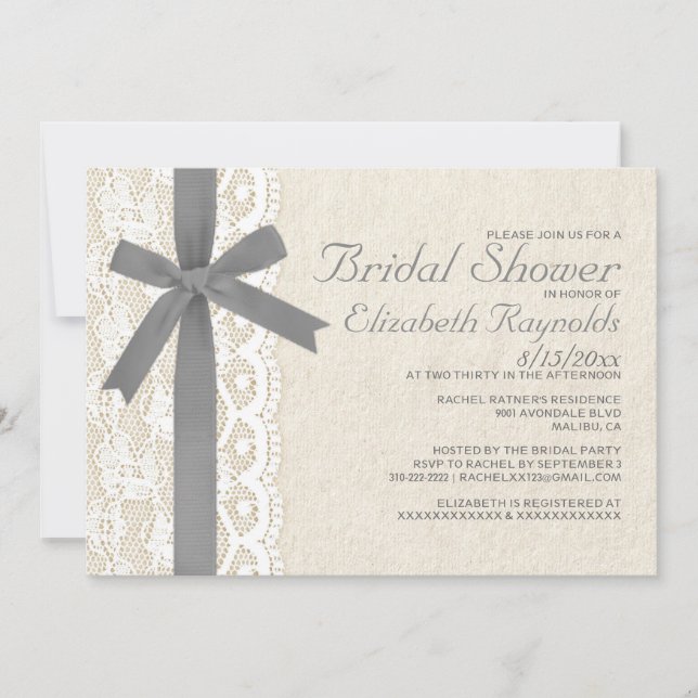 Invitations de douche nuptiale Gris Bow & dentelle (Devant)