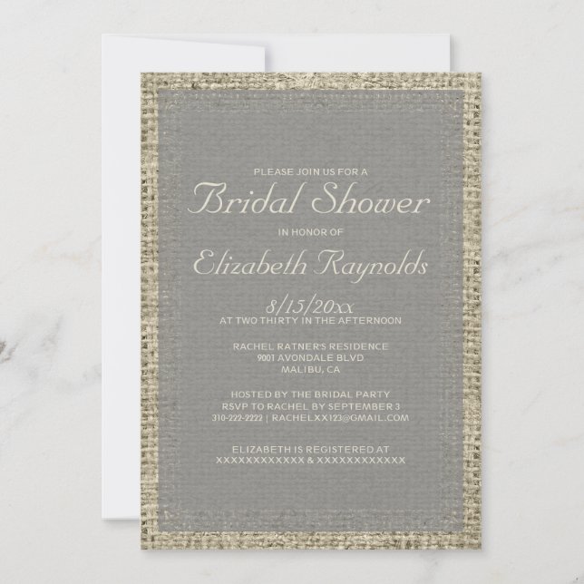 Invitations de douche nuptiale Gris Burlap (Devant)