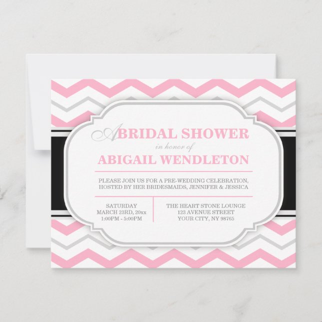 Invitations de douche nuptiale gris et rose Chevro (Devant)