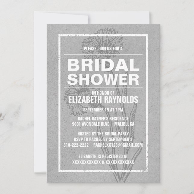 Invitations de douche nuptiale gris rustique (Devant)