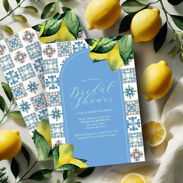 Invitations de douche nuptiale italienne bleu et j (Amalfi coast bridal shower invitations blue and yellow lemon theme by Victoria Grigaliunas)