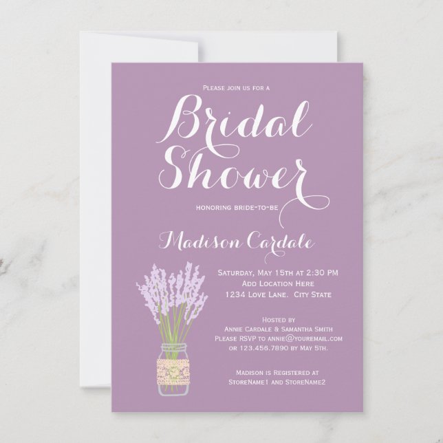 Invitations de douche nuptiale Mason Jar et Lavend (Devant)