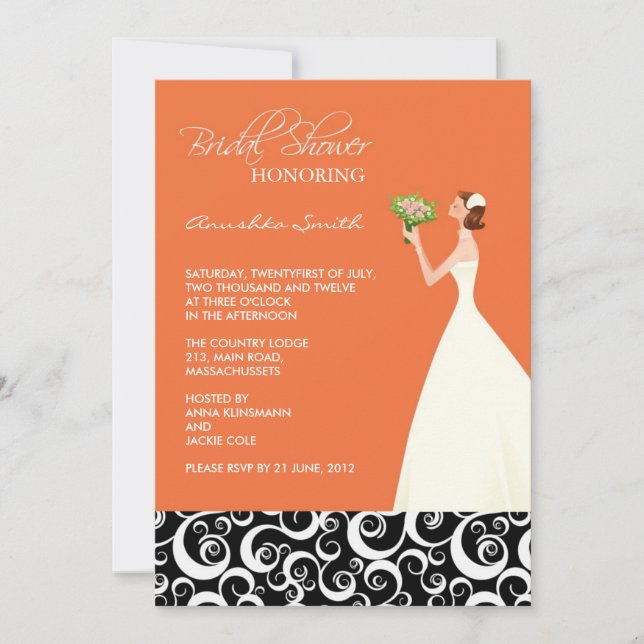 Invitations de douche nuptiale orange et noire (Devant)