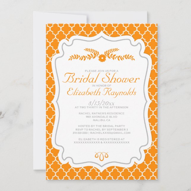 Invitations de douche nuptiale Orange Quatrefoil (Devant)