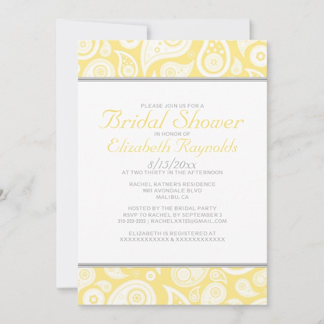 Invitations de douche nuptiale Paisley Jaune (Devant)