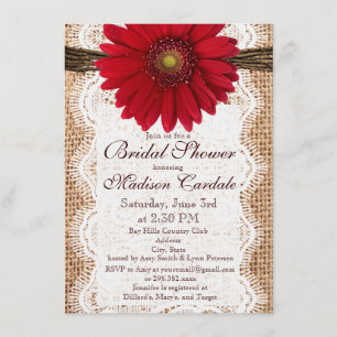 Invitations de douche nuptiale Red Daisy Burlap