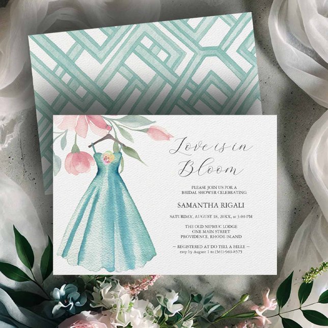 Invitations de douche nuptiale Robe Bleue Unique (unique bridal shower invitation online designed with a blue watercolor dress)