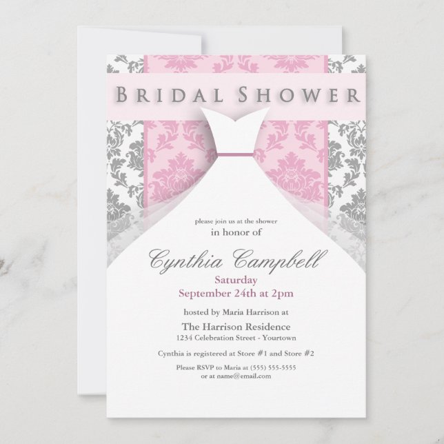 Invitations de douche nuptiale rose/argent Damas (Devant)