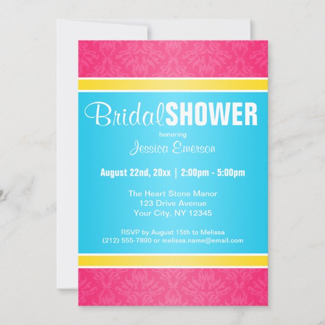 Invitations de douche nuptiale rose Damask Aqua ja (Devant)