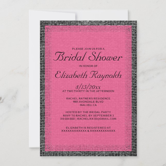 Invitations de douche nuptiale rose et noir Burlap (Devant)