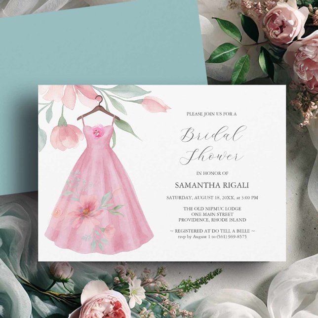 Invitations de douche nuptiale rose L'amour est en (Invitations bridal shower pink flowers and dress watercolor by Victoria Grigaliunas Do Tell A Belle)