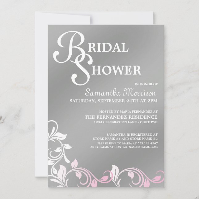 Invitations de douche nuptiale rose Shimmer Argent (Devant)