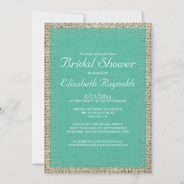 Invitations de douche nuptiale Turquoise Burlap (Devant)
