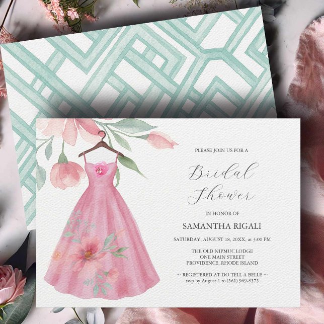 Invitations de douche nuptiale unique rose et bleu (unique Bridal shower invitation watercolor blue & pink dress art by Victoria Grigaliunas)