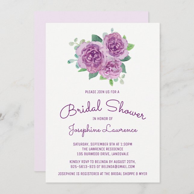 Invitations de douche nuptiale violette Rose (Devant / Derrière)