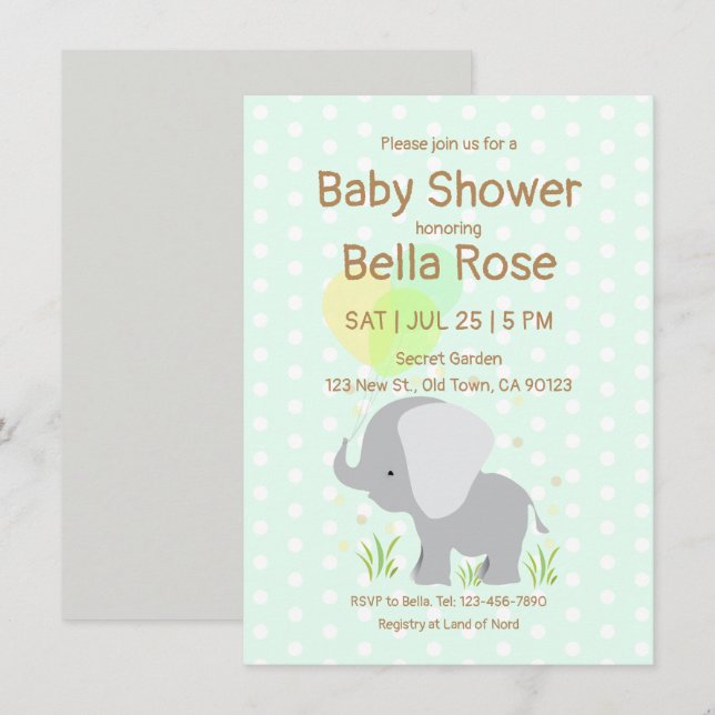 Invitations de douche pour bébé avec éléphant à la (Devant / Derrière)
