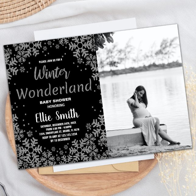 Invitations de douche pour bébé d'hiver Black Silv (Winter Baby Shower Invitations Black Silver Photo)