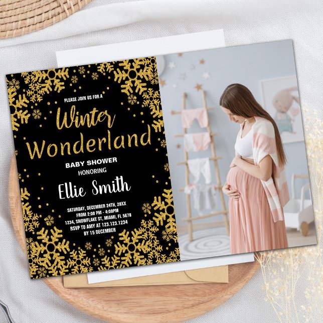Invitations de douche pour bébé d'hiver Golden Bla (Winter Baby Shower Invitations Golden Black Photo)