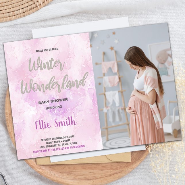 Invitations de douche pour bébé d'hiver Parties sc (Winter Baby Shower Invitations Pink Glitter Photo)