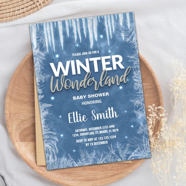 Invitations de douche pour bébé d'hiver Parties sc (Winter Baby Shower Invitations Ice Glitter Silver)