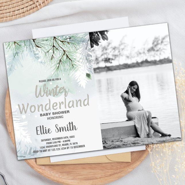 Invitations de douche pour bébé d'hiver Parties sc (Winter Baby Shower Invitations Pine Glitter Photo)