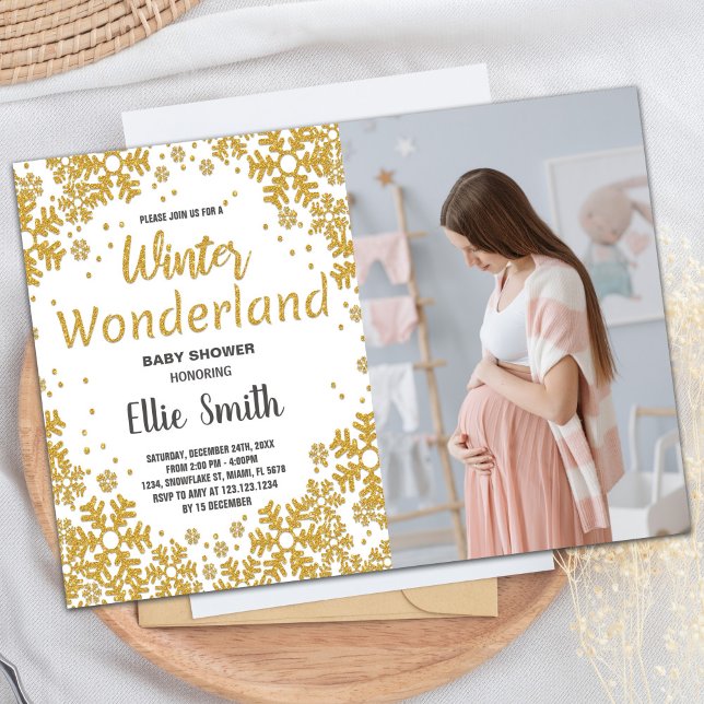 Invitations de douche pour bébé d'hiver Photo d'or (Winter Baby Shower Invitations Golden Photo)
