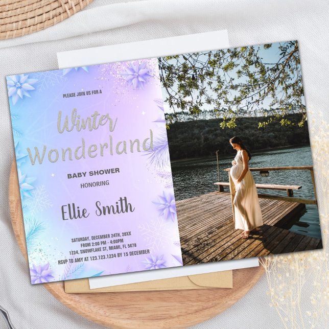Invitations de douche pour bébé d'hiver violet ave (Winter Baby Shower Invitations Purple with Photo)