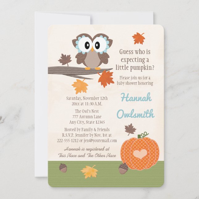 Invitations de douche pour bébé hibou et Citrouill (Devant)