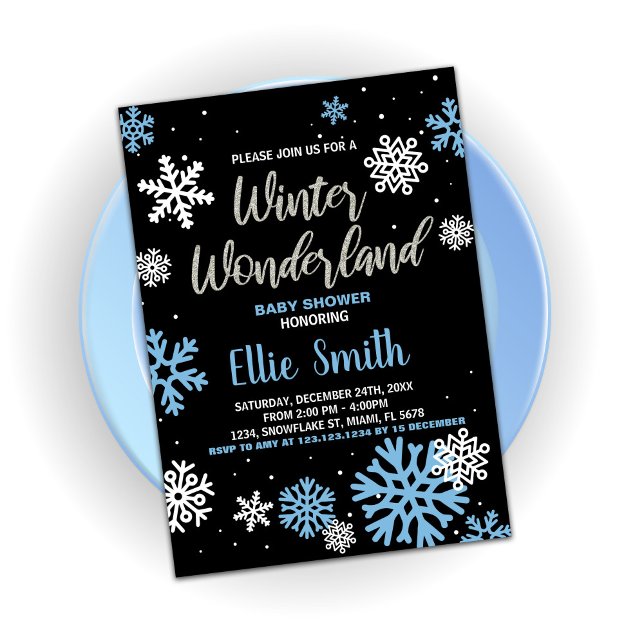 Invitations de douche pour bébé hiver Bleu Noir (Winter Baby Shower Invitations Blue Black)