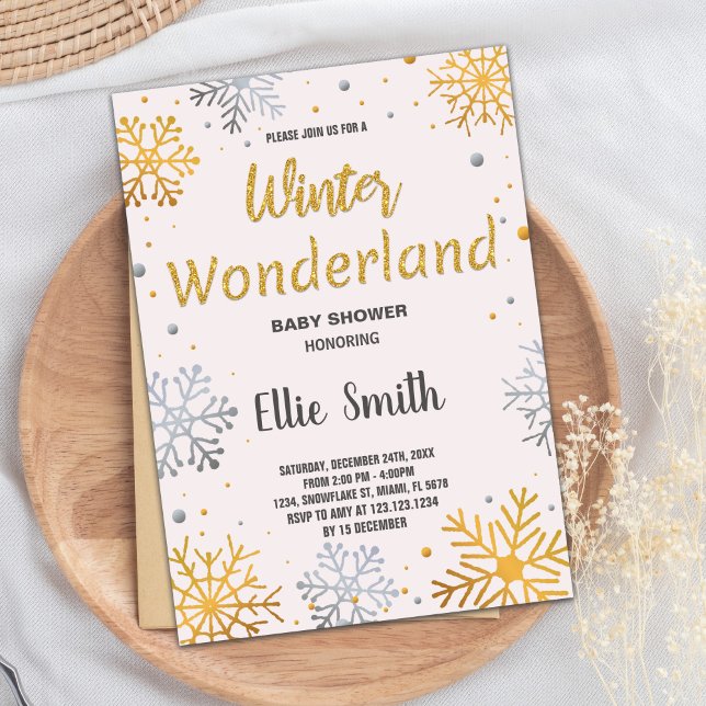 Invitations de douche pour bébé hiver Golden Snow (Winter Baby Shower Invitations Golden Snow)
