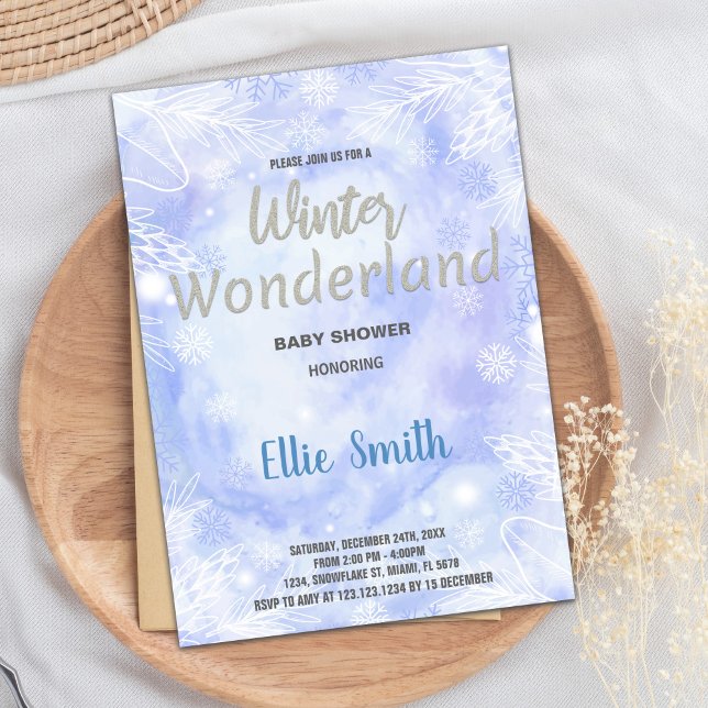 Invitations de douche pour bébé hiver Parties scin (Winter Baby Shower Invitations Blue Glitter Silver)